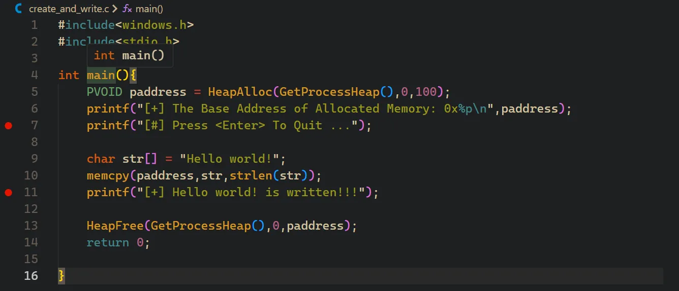 Setting a breakpoint in the debugger to inspect memory