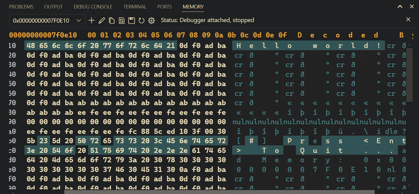 Viewing the memory block after the string has been copied